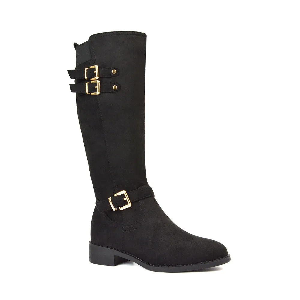 Katy Knee High Flat Heel Buckle Detail Winter Biker Boots in Black Synthetic Leather