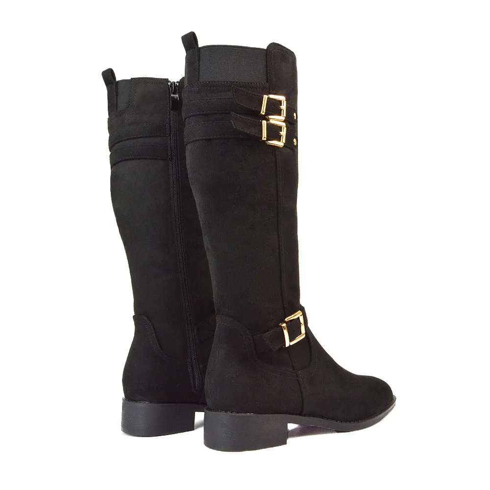 Katy Knee High Flat Heel Buckle Detail Winter Biker Boots in Black Synthetic Leather