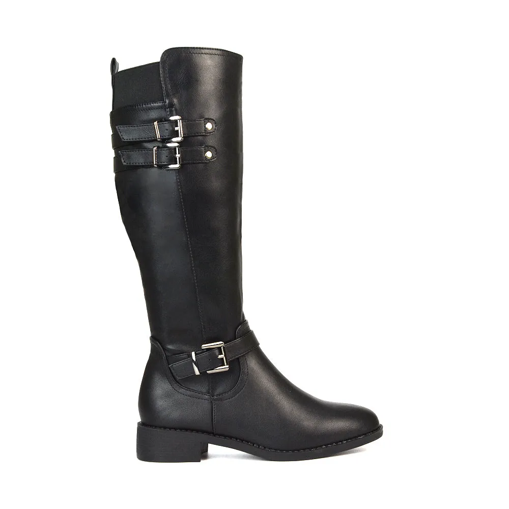 Katy Knee High Flat Heel Buckle Detail Winter Biker Boots in Black Synthetic Leather