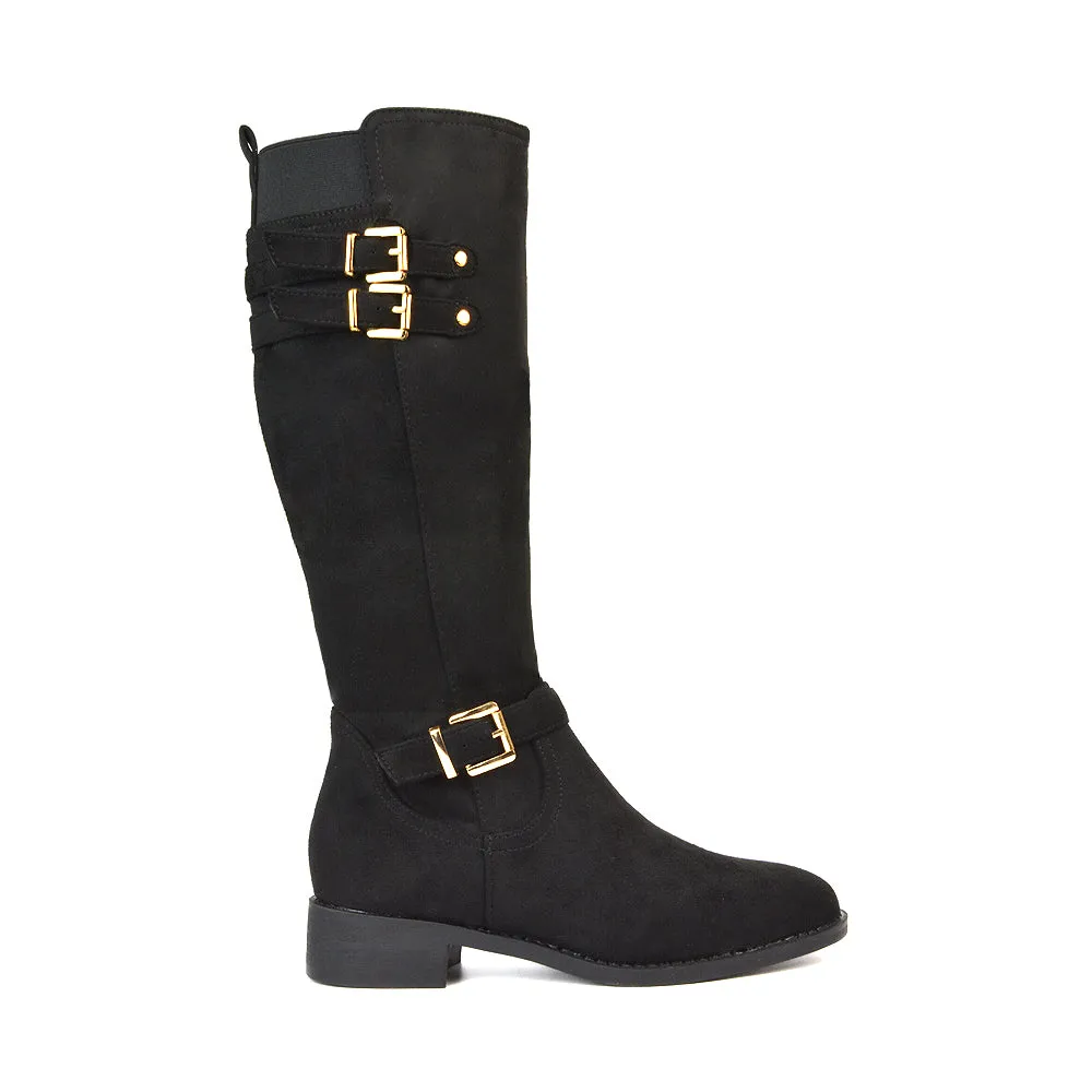 Katy Knee High Flat Heel Buckle Detail Winter Biker Boots in Black Synthetic Leather