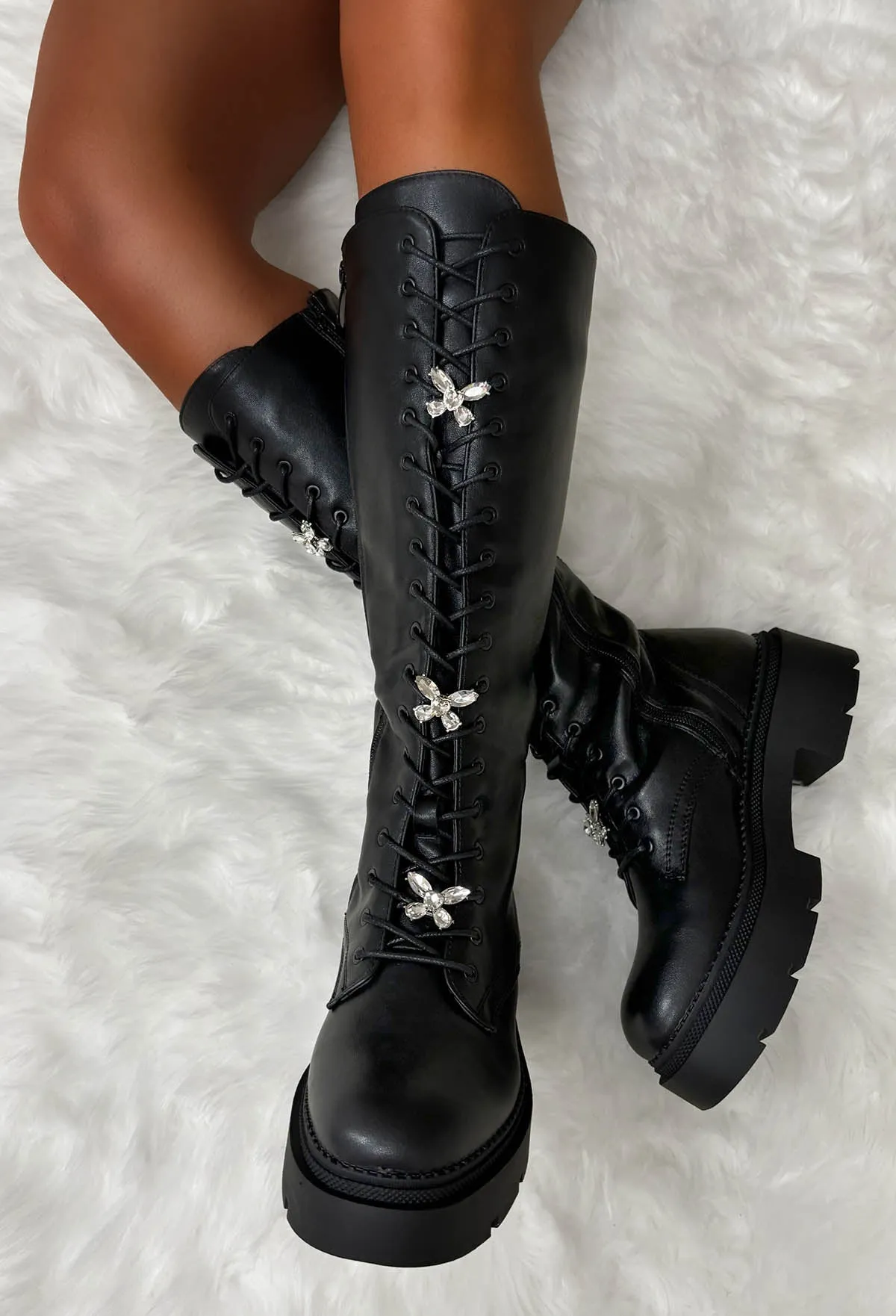 Lead You On Black Diamond Embellished Knee High Biker Boots