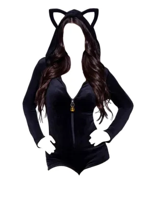 Leg Avenue 2 PC Comfy Cat Ultra-Soft Velvet Plush Zip Up Romper with Bell Zipper Pull Black