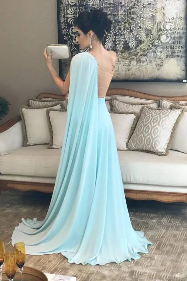 Light Blue One Shoulder Chiffon Pleats Sheer Illusion Back Prom Gown PG977