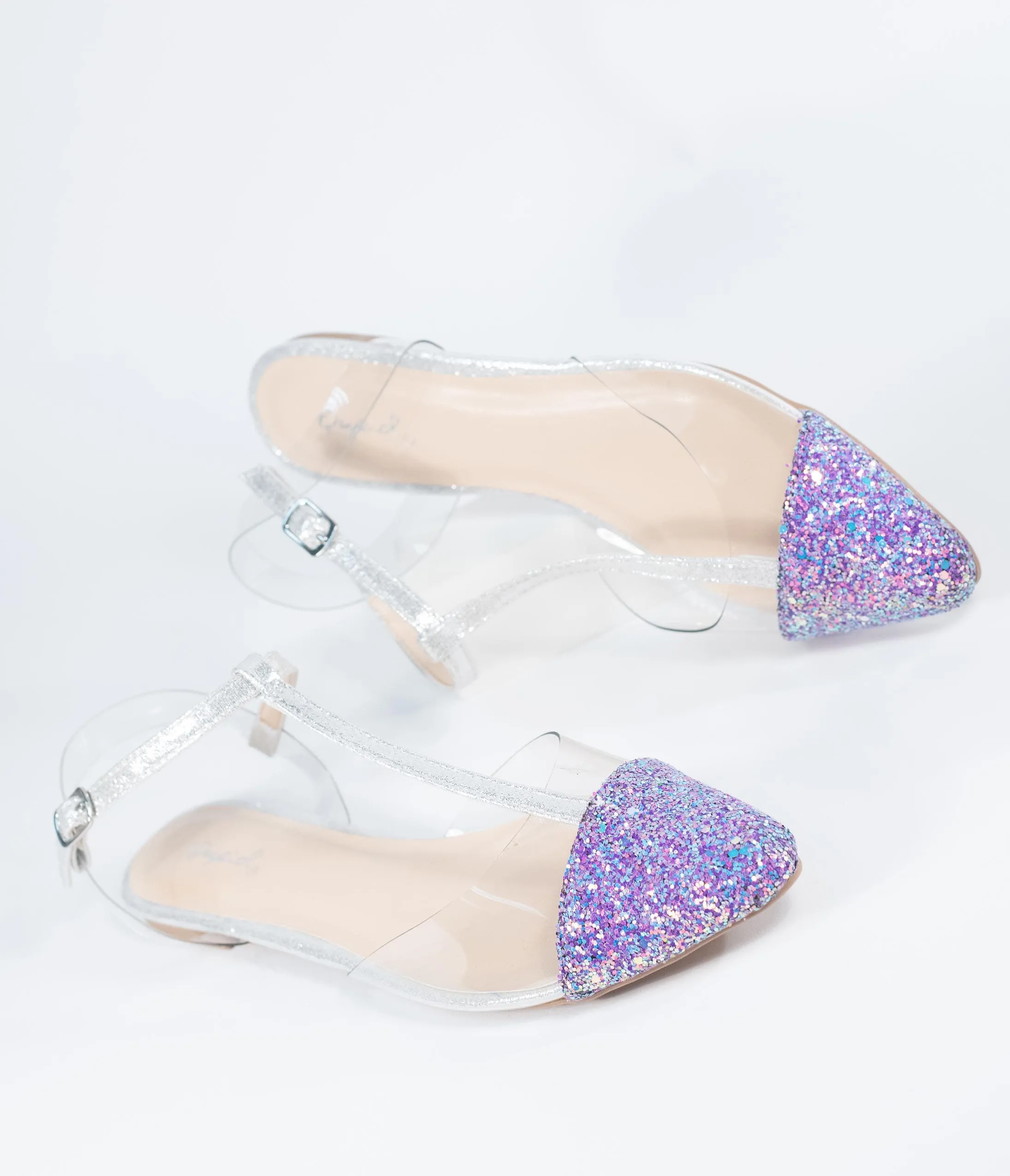 Lilac Purple Glitter & Clear Vinyl T-Strap Flats