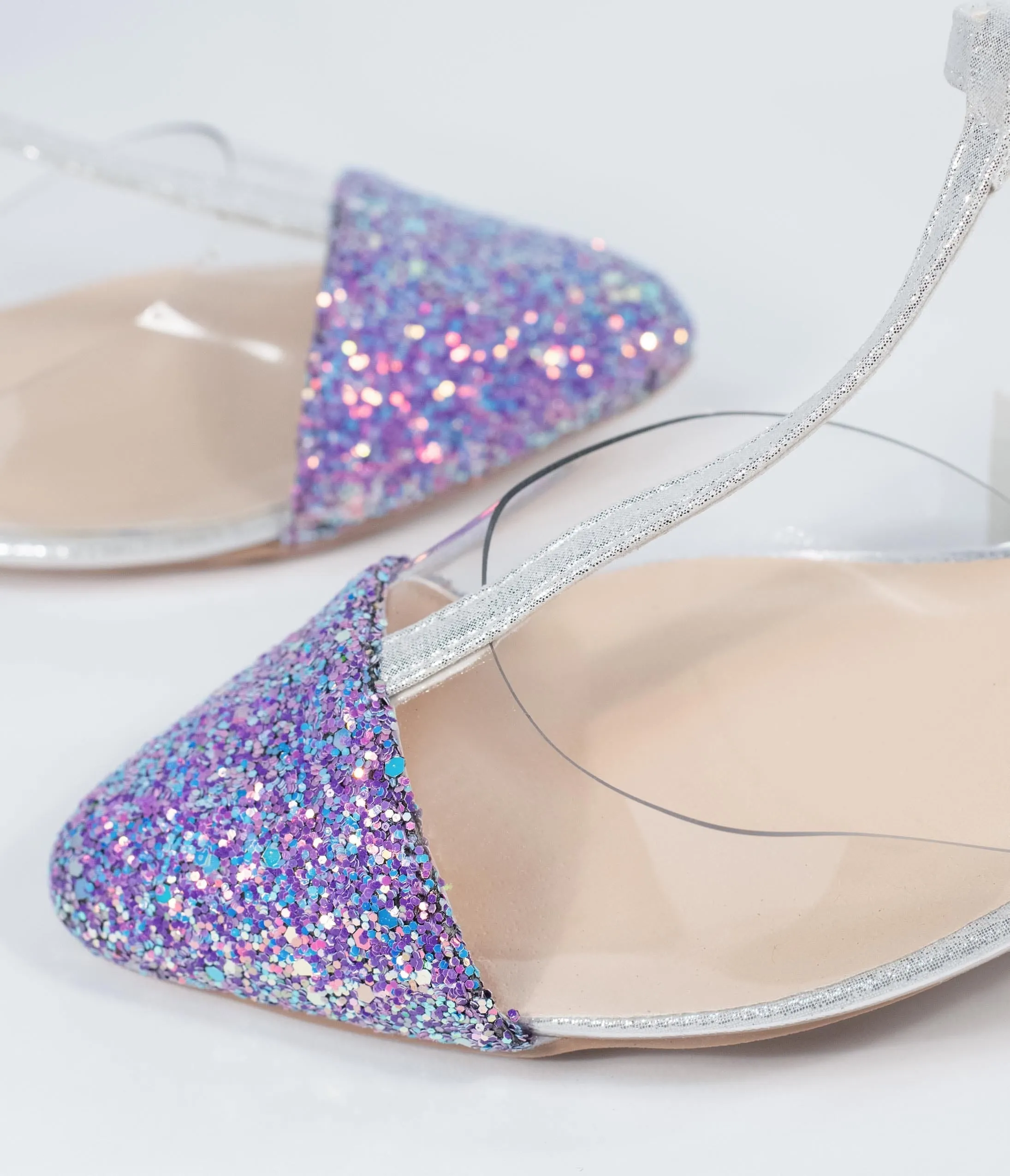 Lilac Purple Glitter & Clear Vinyl T-Strap Flats