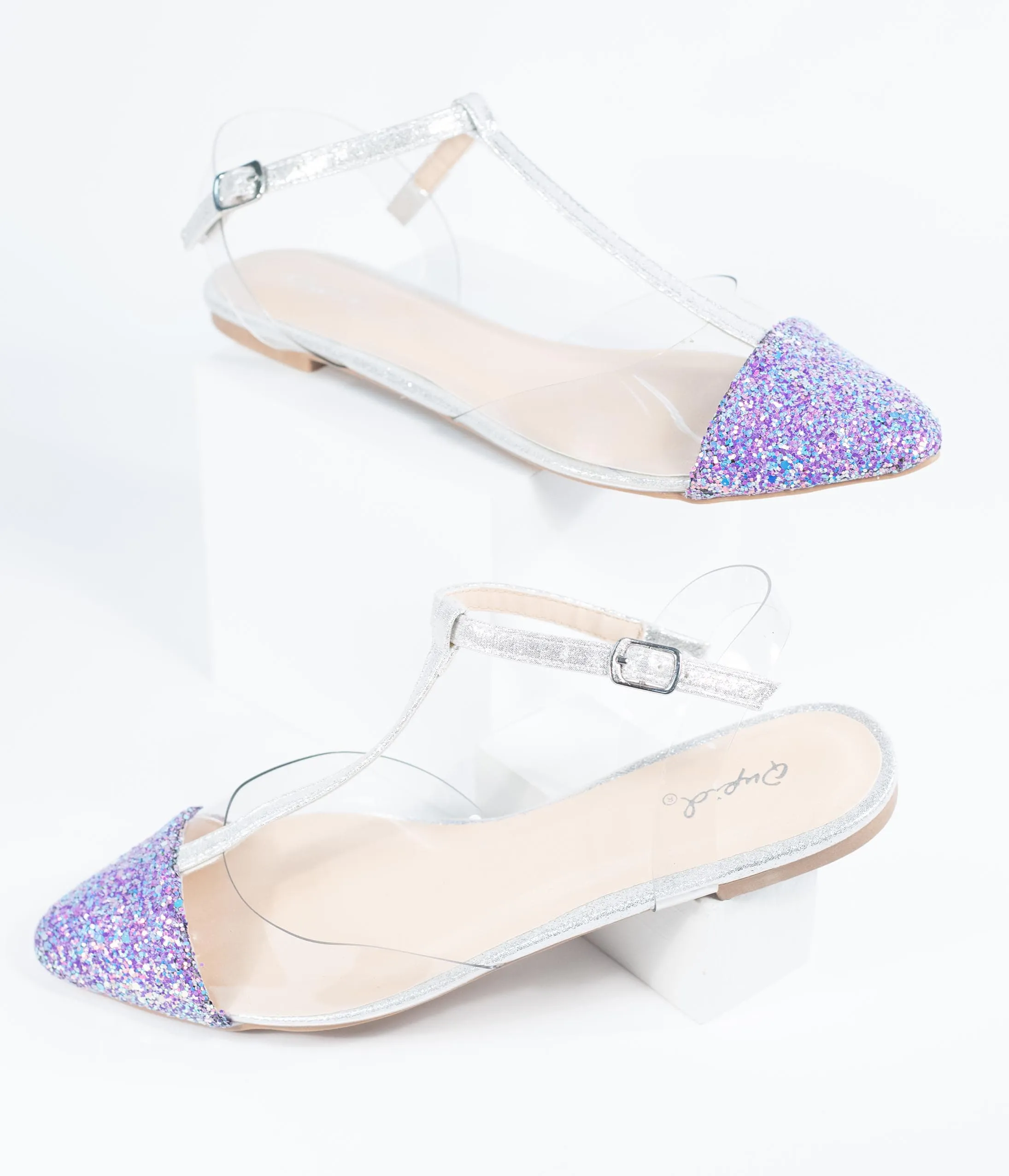 Lilac Purple Glitter & Clear Vinyl T-Strap Flats