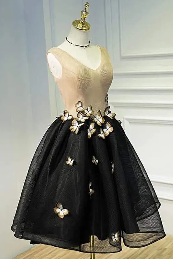 Little Black Homecoming Dress Butterfly V-neck Short Prom Dress  PD397