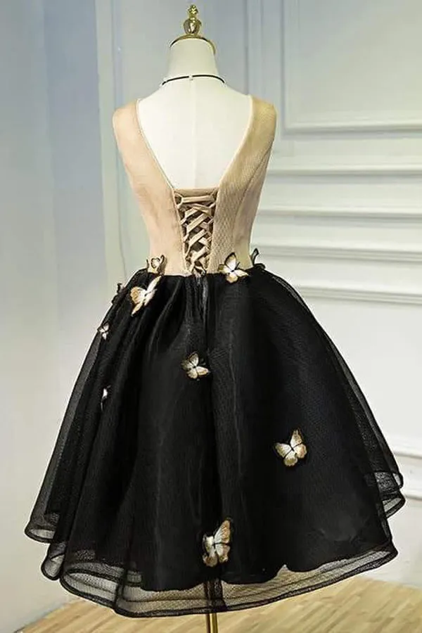 Little Black Homecoming Dress Butterfly V-neck Short Prom Dress  PD397