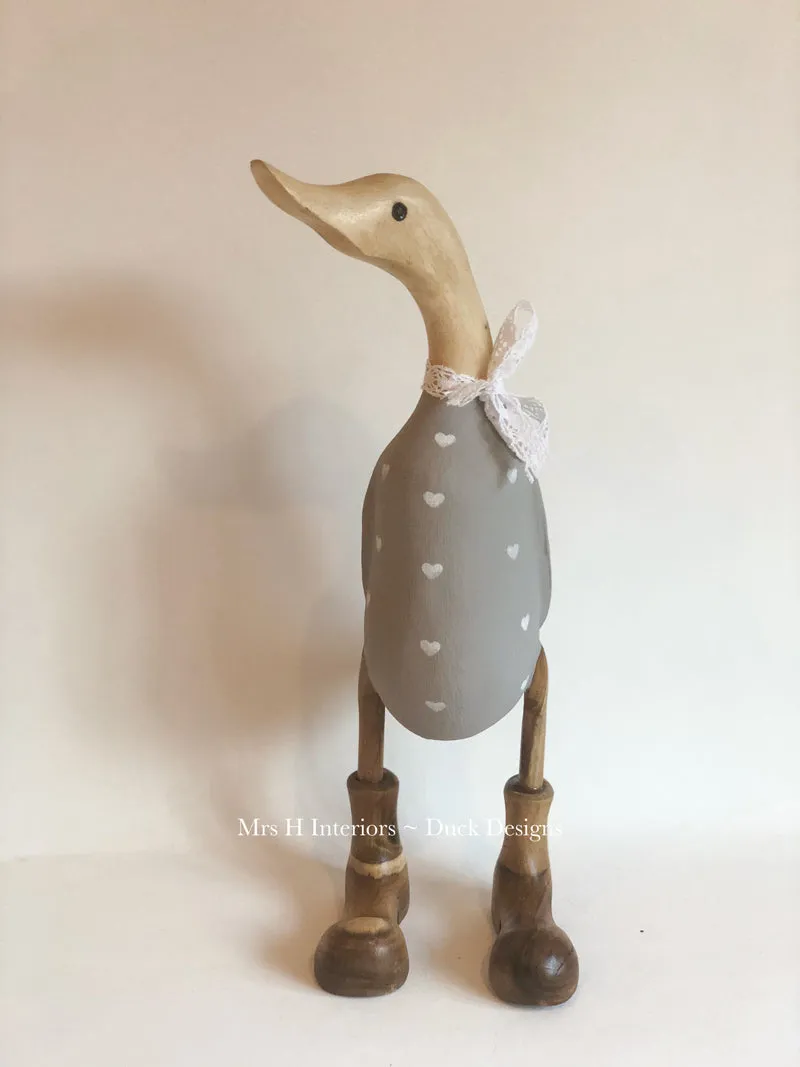 Love Duck - Grey - Decorated Wooden Duck in Boots by Mrs H the Duck Lady