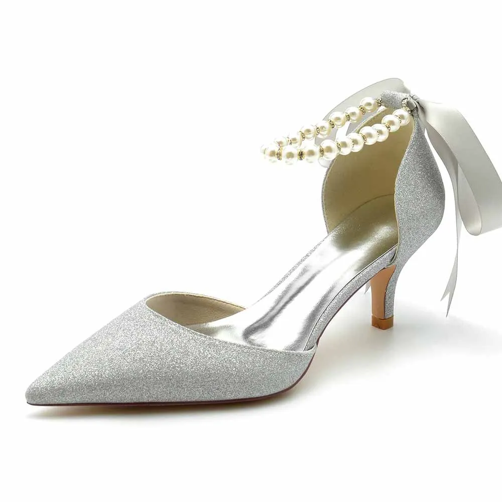 Low Heels Glitter Wedding Heels Bearls Lace-up Ankle Strap Bridal Heels