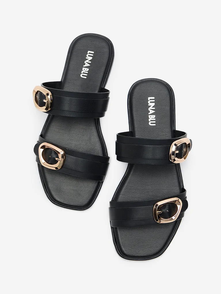 LUNA BLU Black Dual-Strap Slip-On Sandals