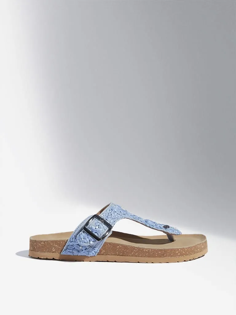 LUNA BLU Blue Floral Design T-Strap Cork Sandals