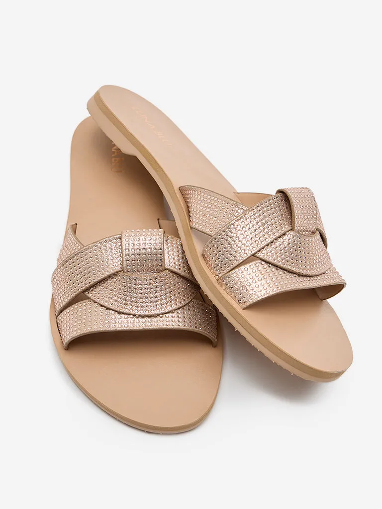 LUNA BLU Rose Gold Embellished Slip-On Sandals