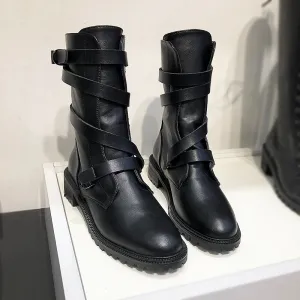 LUXE SEVEN DESIGN BUCKLE DETAIL BIKER BOOTS