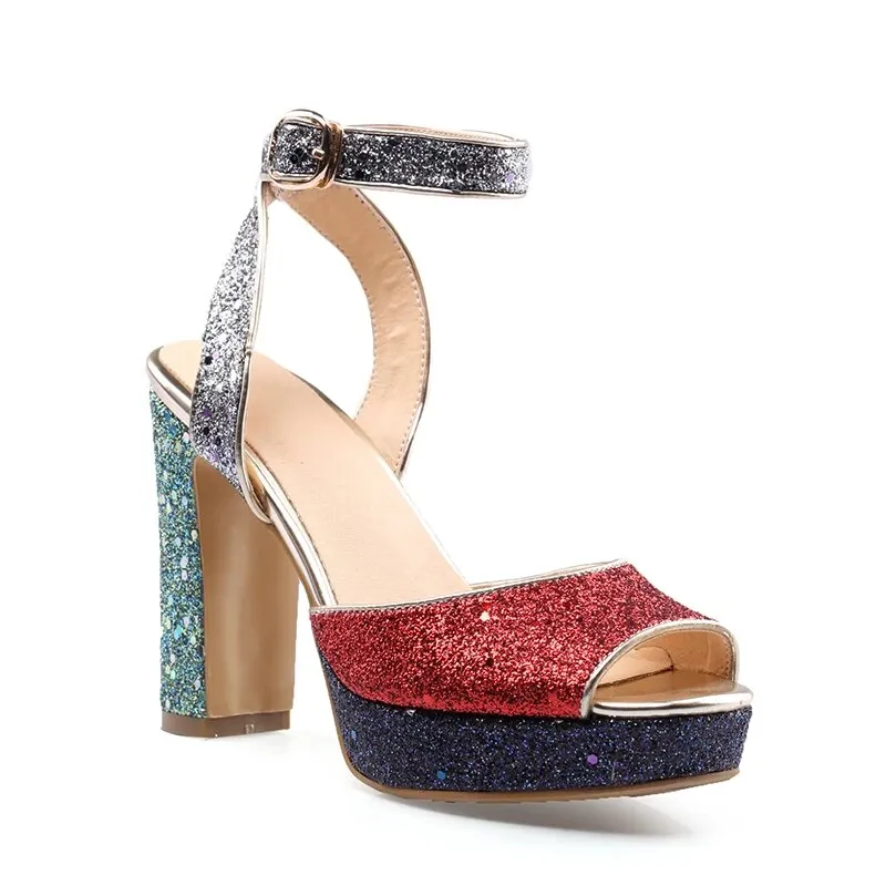 Luxurious Shiny Platform Chunky Block High Heels  For Women Glitter Sequins Ankle  Shoes Summer Dress