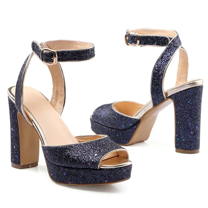 Luxurious Shiny Platform Chunky Block High Heels  For Women Glitter Sequins Ankle  Shoes Summer Dress