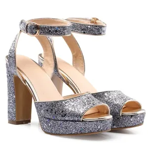 Luxurious Shiny Platform Chunky Block High Heels  For Women Glitter Sequins Ankle  Shoes Summer Dress