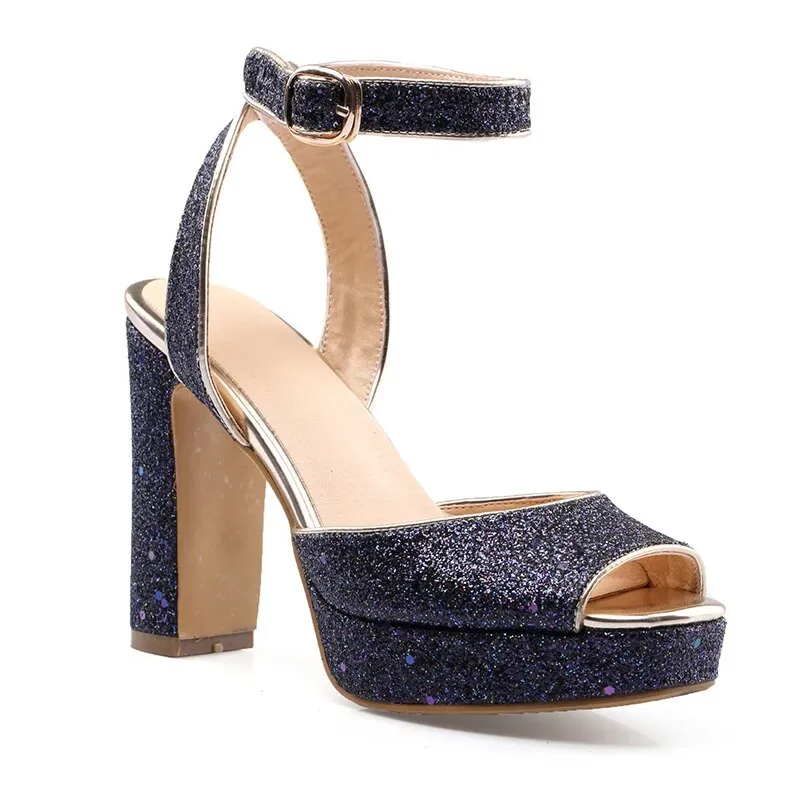 Luxurious Shiny Platform Chunky Block High Heels  For Women Glitter Sequins Ankle  Shoes Summer Dress