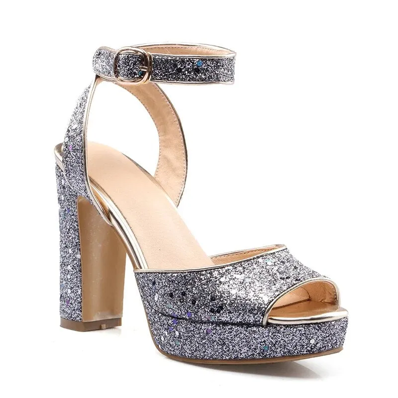 Luxurious Shiny Platform Chunky Block High Heels  For Women Glitter Sequins Ankle  Shoes Summer Dress