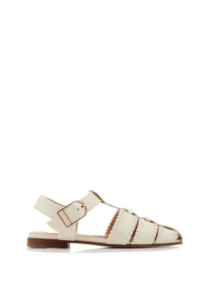 Lynn Flat Sandal in Cream Nappa Leather with Stitch