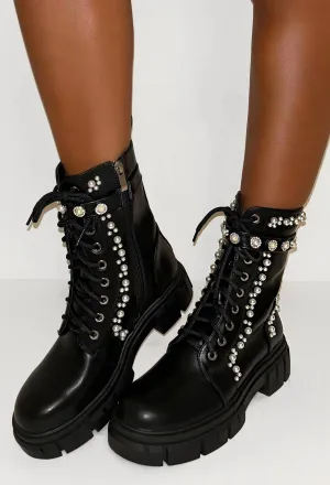 Mad About Love Black Pearl Embellished Biker Boots