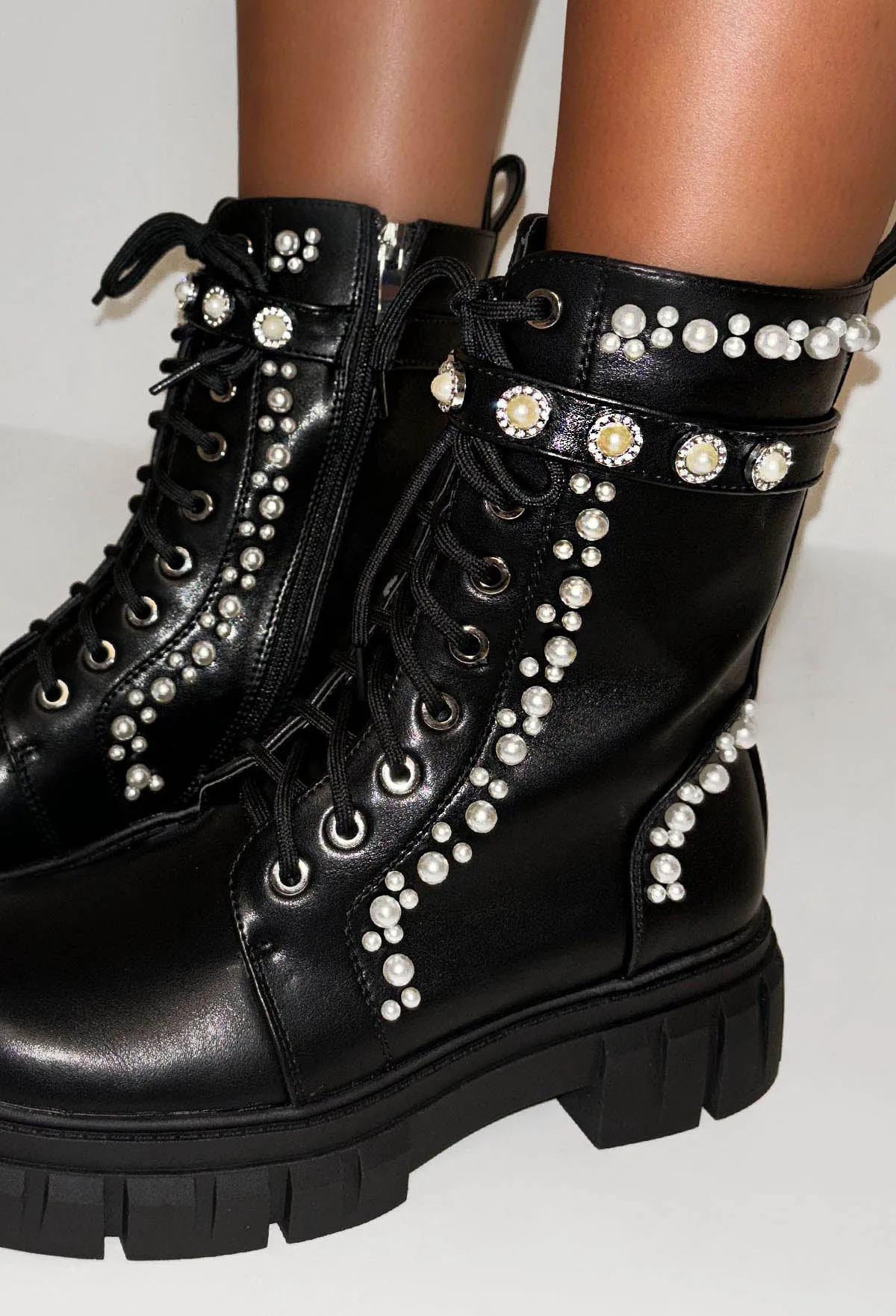 Mad About Love Black Pearl Embellished Biker Boots