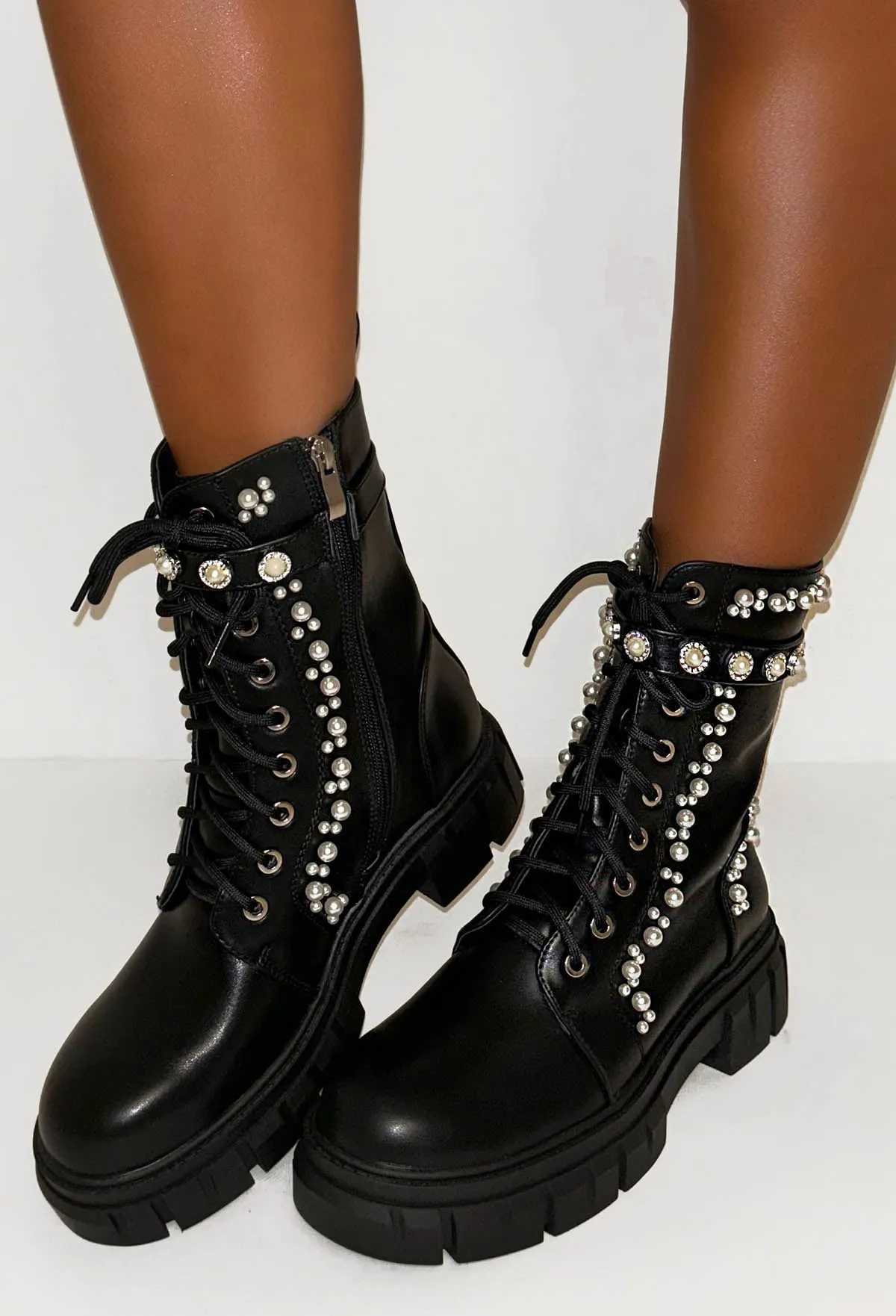 Mad About Love Black Pearl Embellished Biker Boots