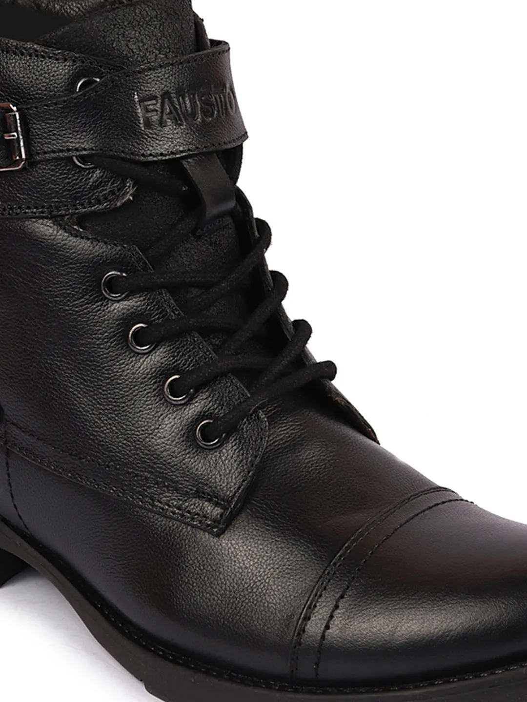 Men Black High Ankle Genuine Leather 6-Eye Lace Up Zipper Winter Cap Toe Flat Biker Classic Boots