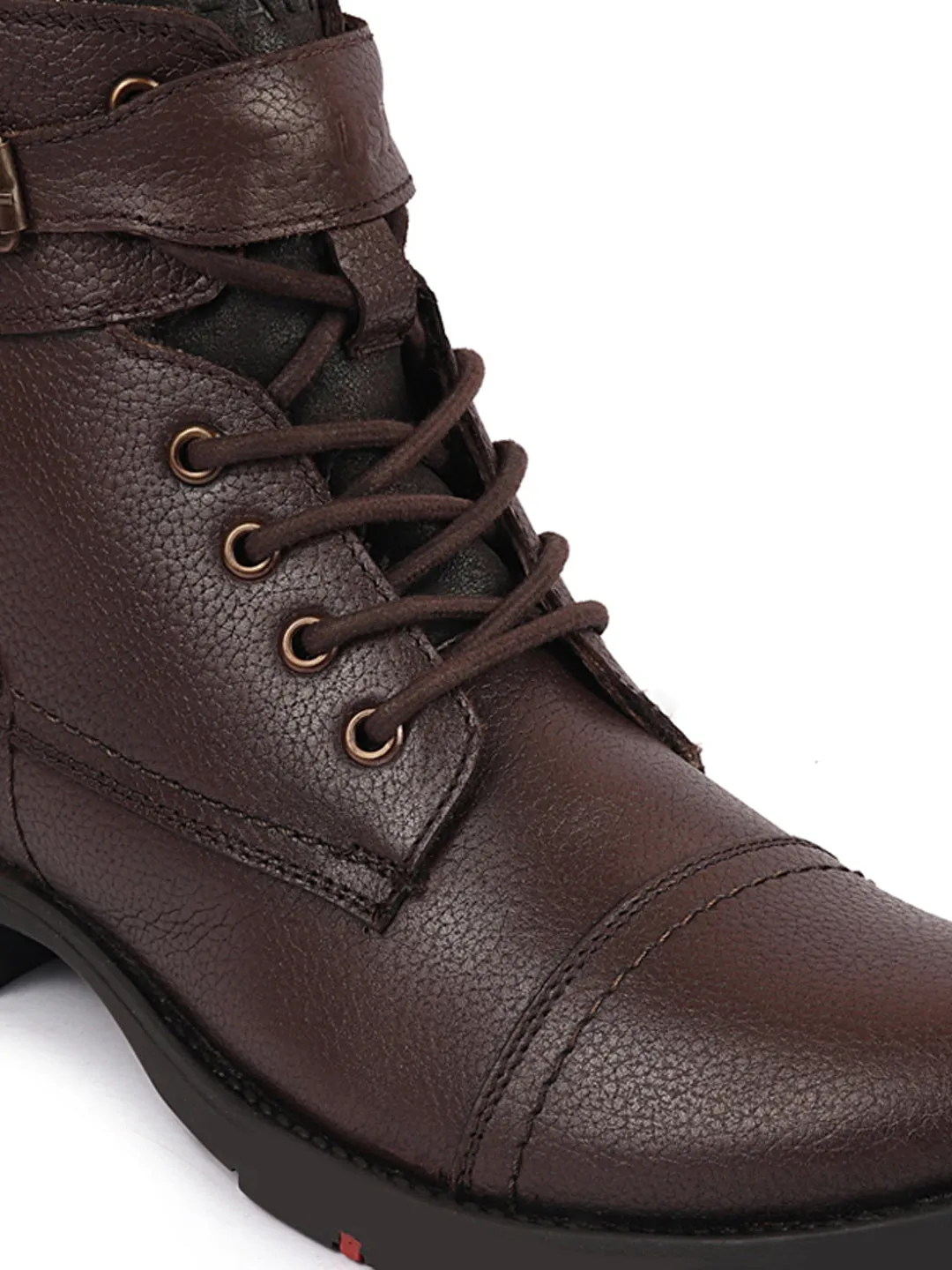 Men Brown High Ankle Genuine Leather 6-Eye Lace Up Zipper Winter Cap Toe Flat Biker Classic Boots