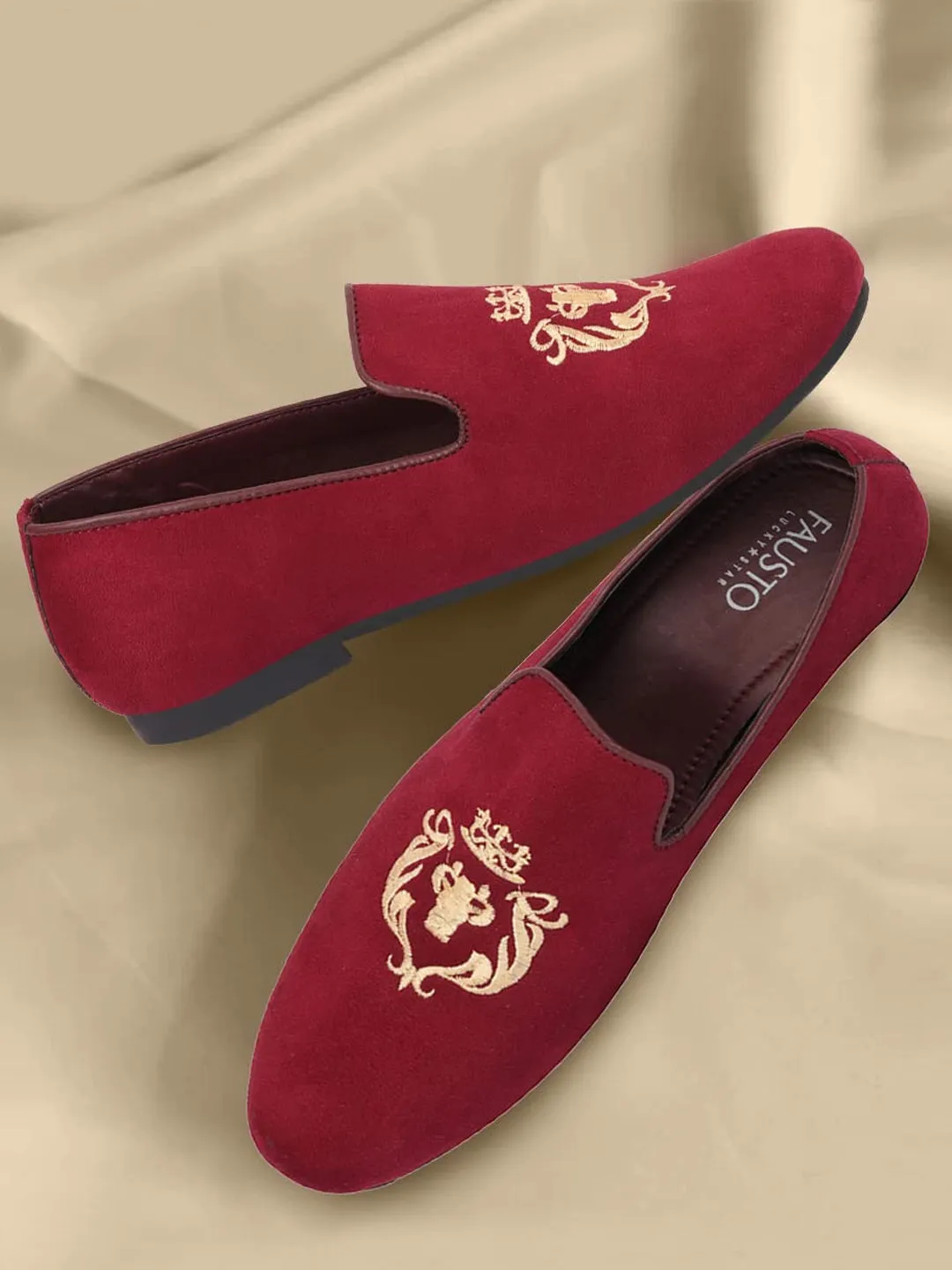 Men Cherry Embroidered Velvet Slip On Loafers