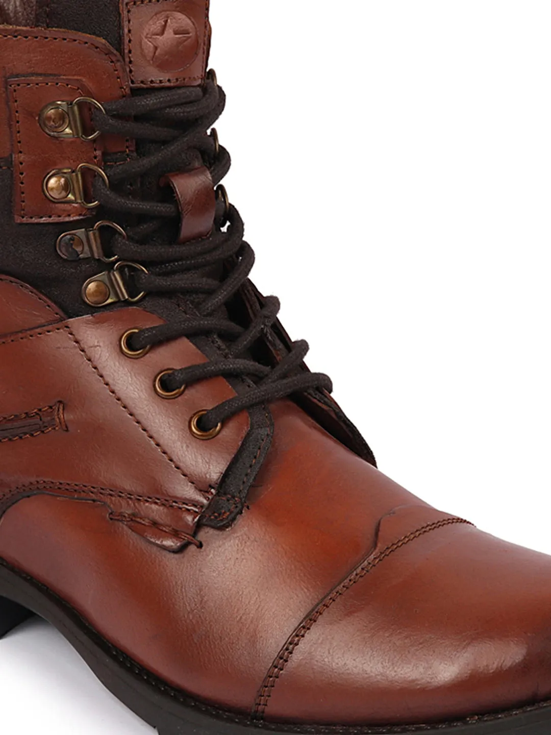 Men Tan High Ankle Genuine Leather Hook and 3-Eye Lace Up Side Zipper Cap Toe Stitched Biker Boots