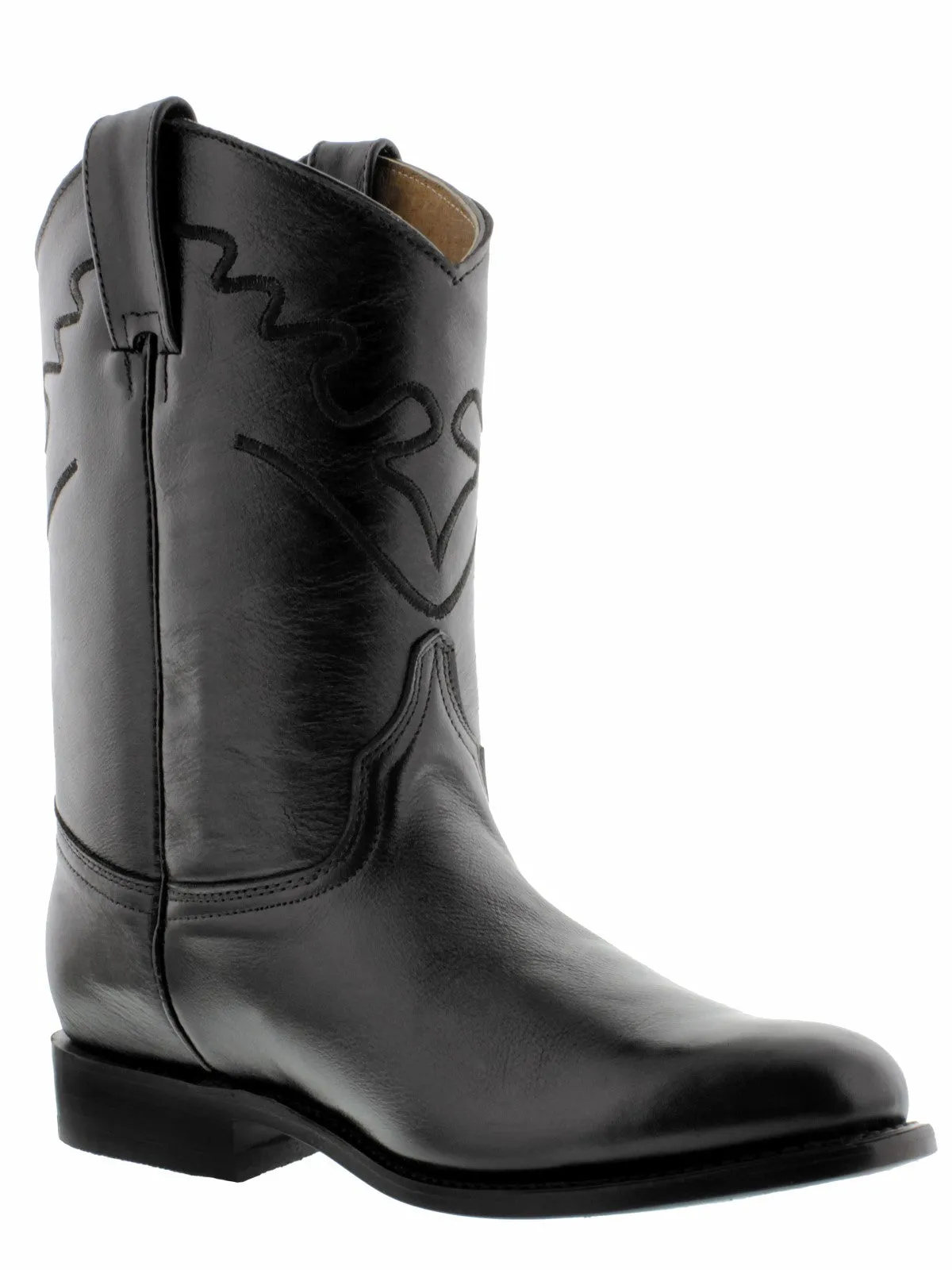 Mens Black Western Rodeo Boots Smooth Genuine Leather Cowboy Botas Roper Toe