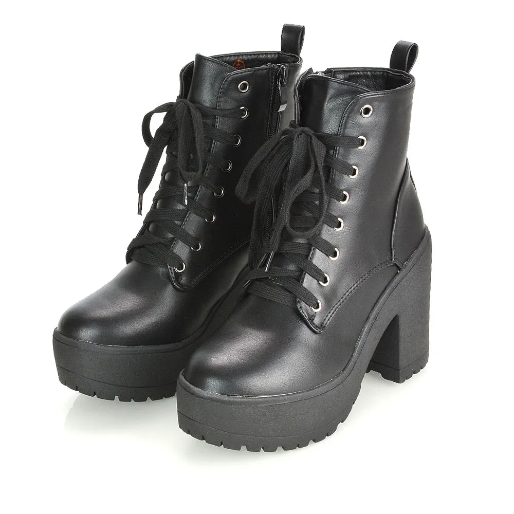 Merida Lace up Chunky Platform Block High Heel Ankle Boots in Black Synthetic Leather