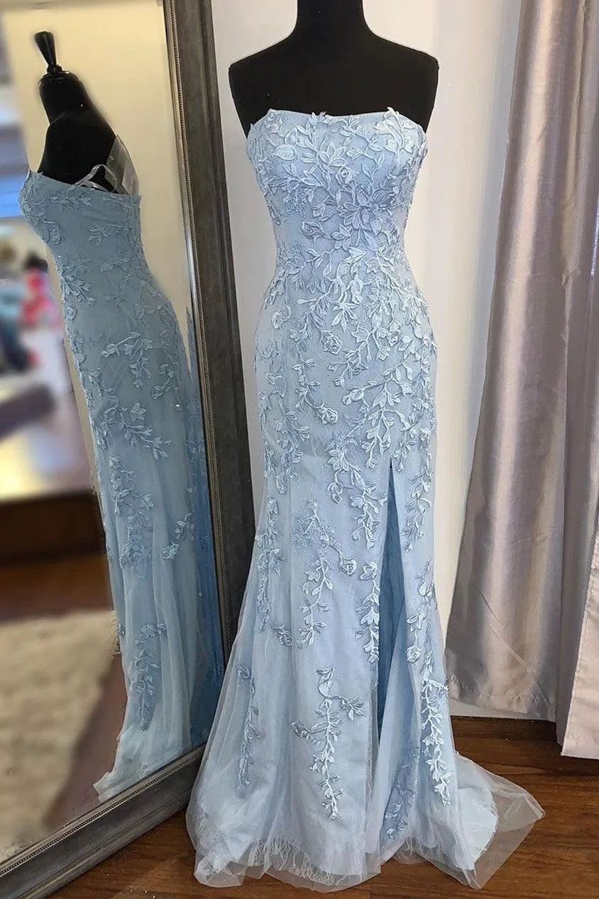 Mermaid Strapless Sky Blue Split Prom/Formal Dress With Lace PSK075