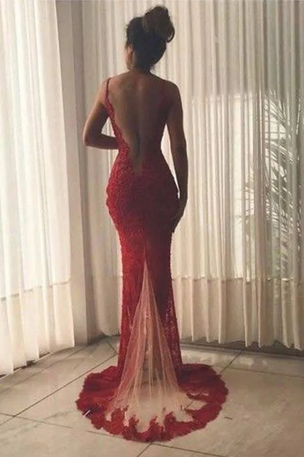 Mermaid V Neck Backless Burgundy Lace Long Prom Dresses with Beading PG768