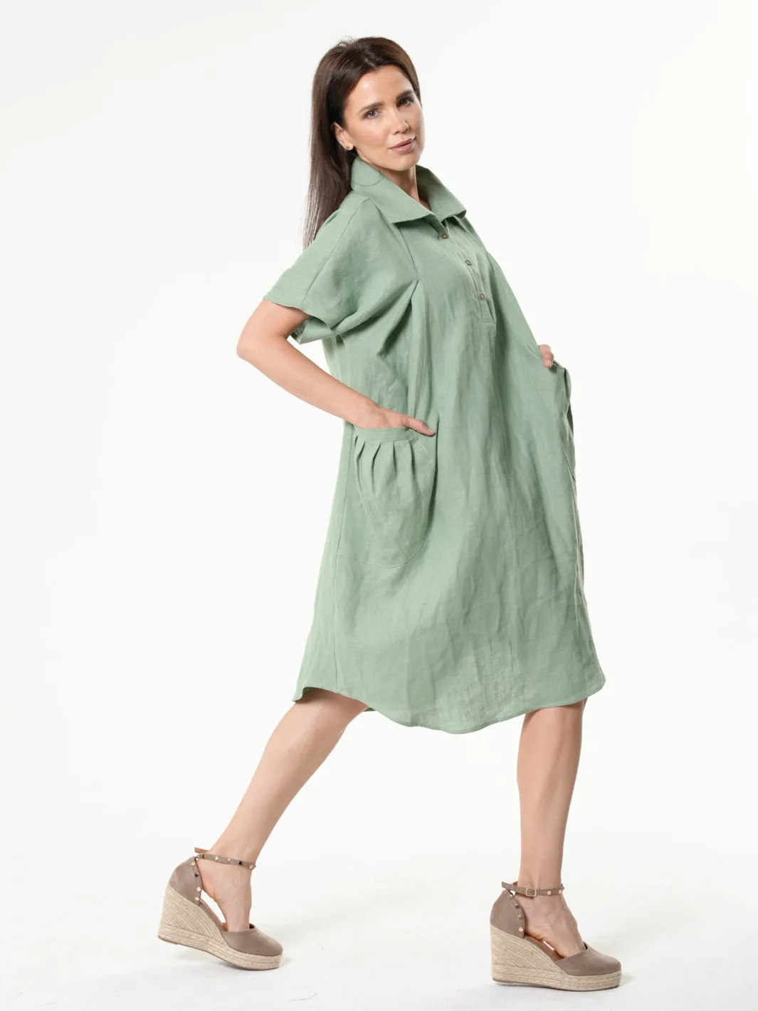 Midi Linen Dress With Side Pockets In Light Green