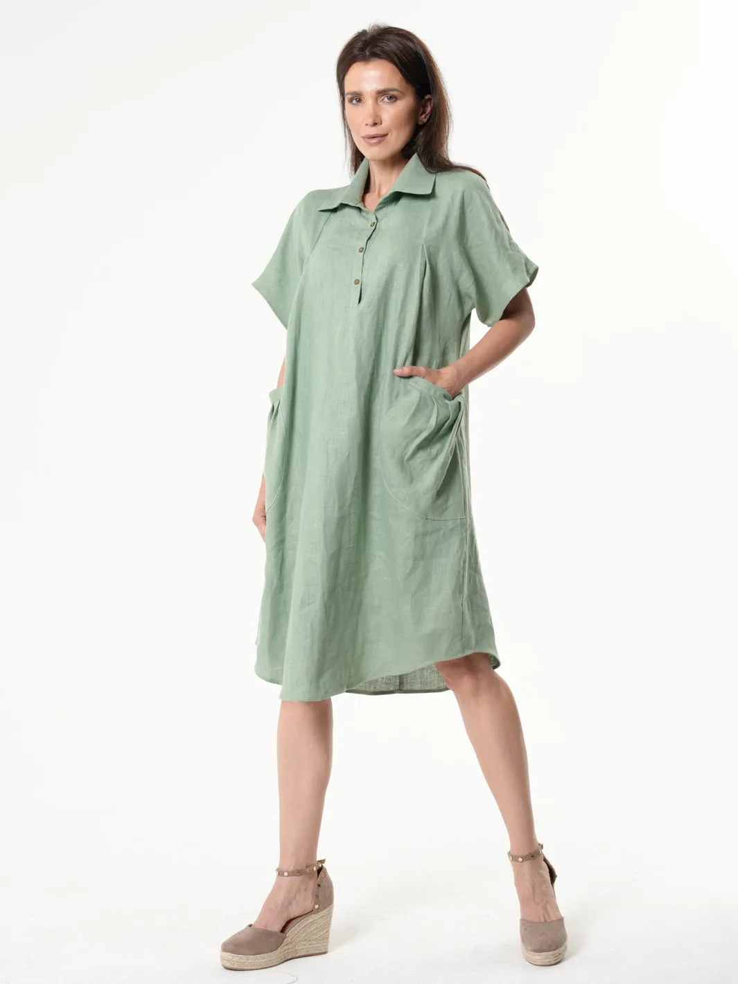 Midi Linen Dress With Side Pockets In Light Green