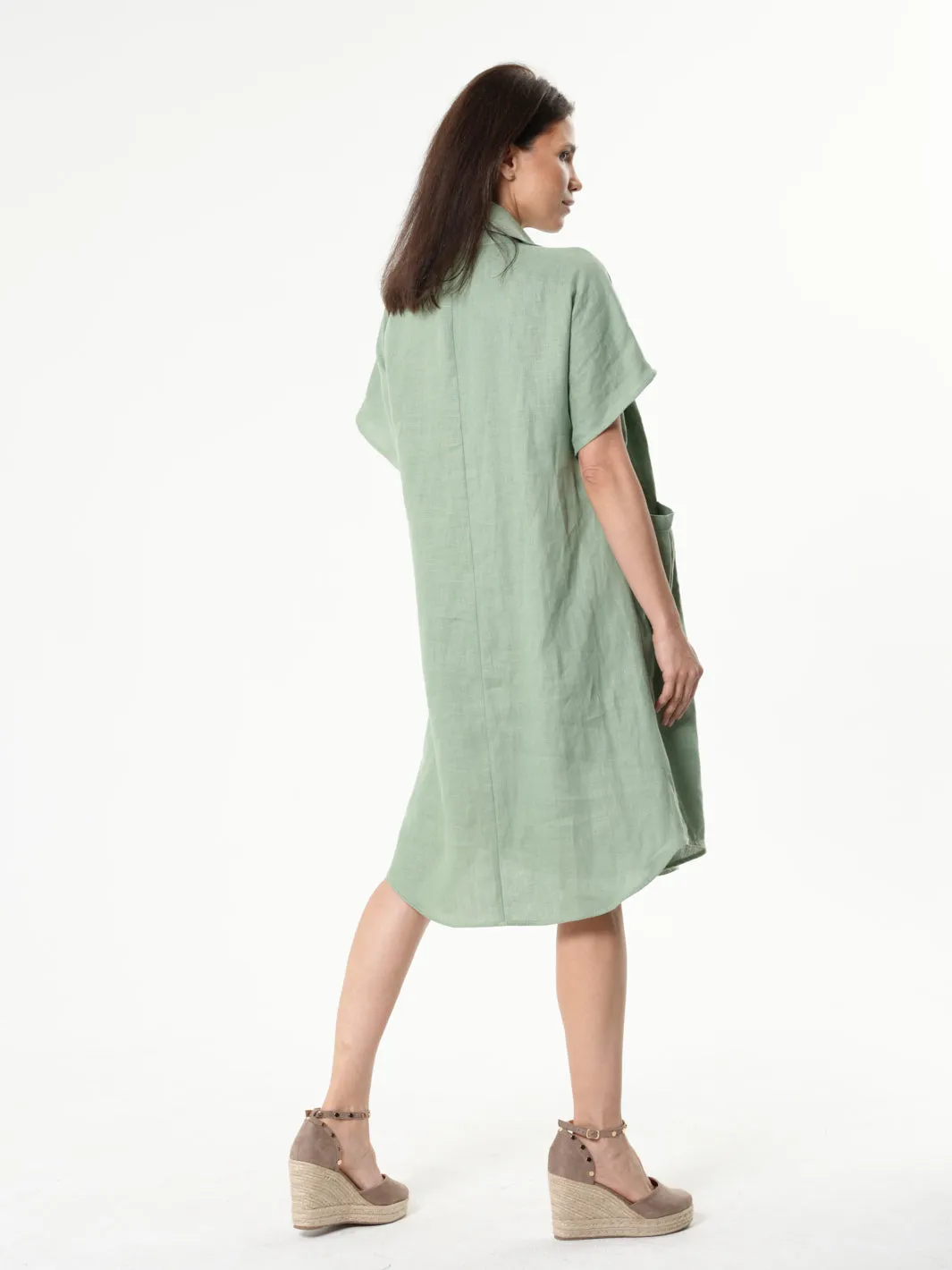 Midi Linen Dress With Side Pockets In Light Green