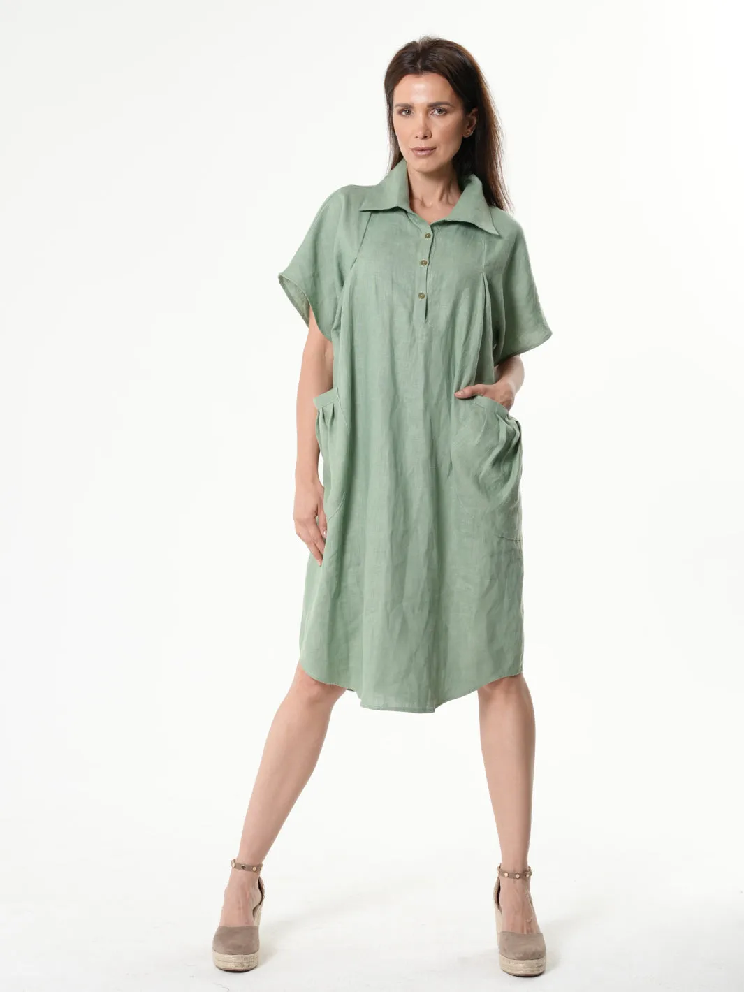 Midi Linen Dress With Side Pockets In Light Green