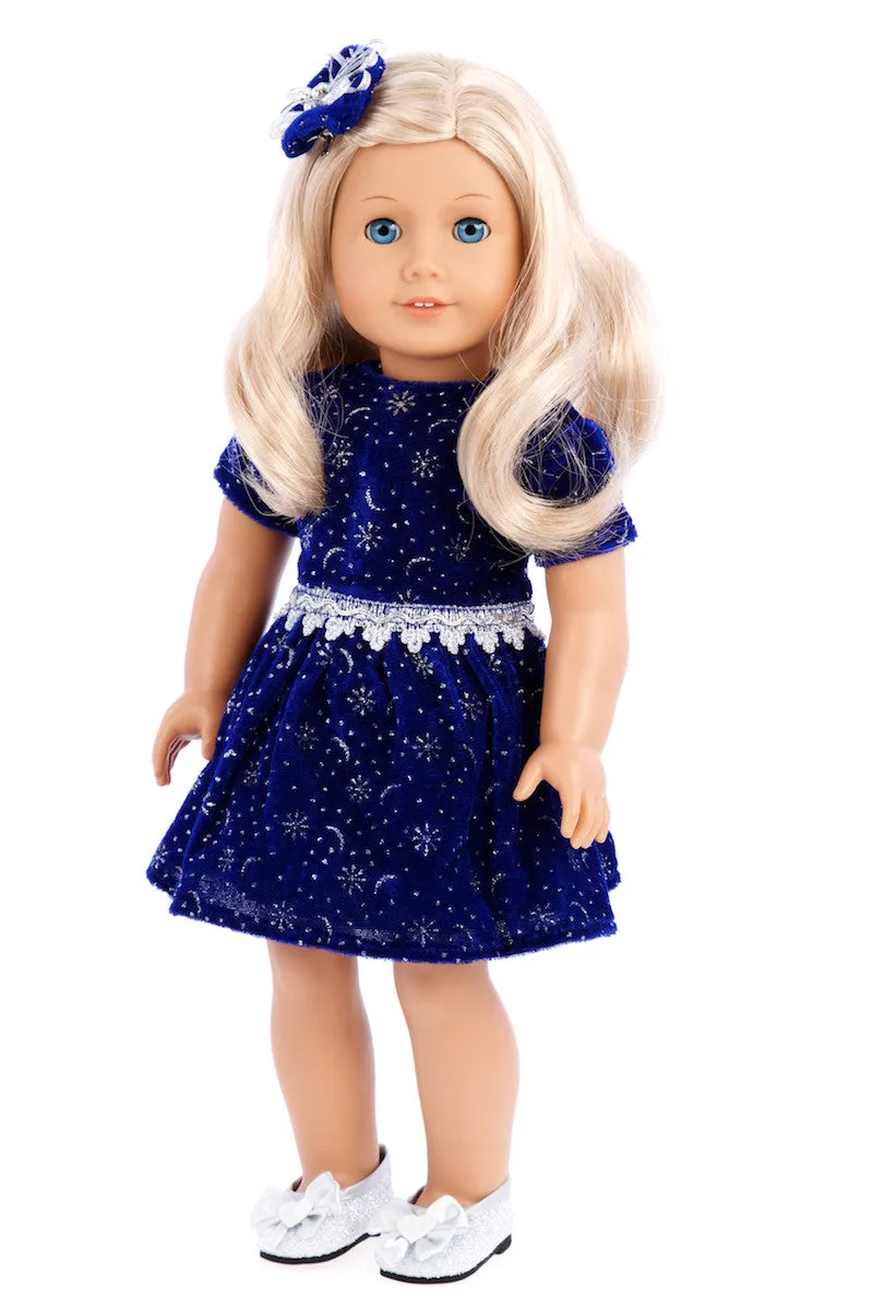 Midnight Blue - Clothing for 18 inch Doll - Dark Blue Sparkling Holiday Dress with matching Silver Shoes