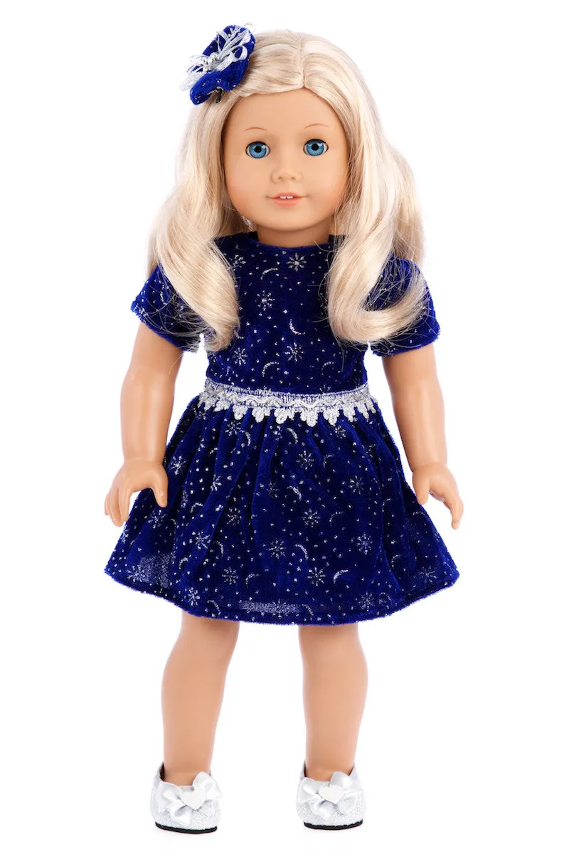 Midnight Blue - Clothing for 18 inch Doll - Dark Blue Sparkling Holiday Dress with matching Silver Shoes