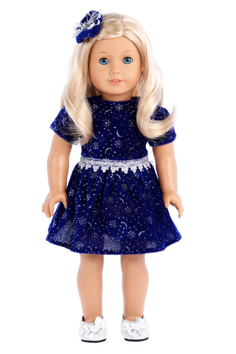 Midnight Blue - Clothing for 18 inch Doll - Dark Blue Sparkling Holiday Dress with matching Silver Shoes