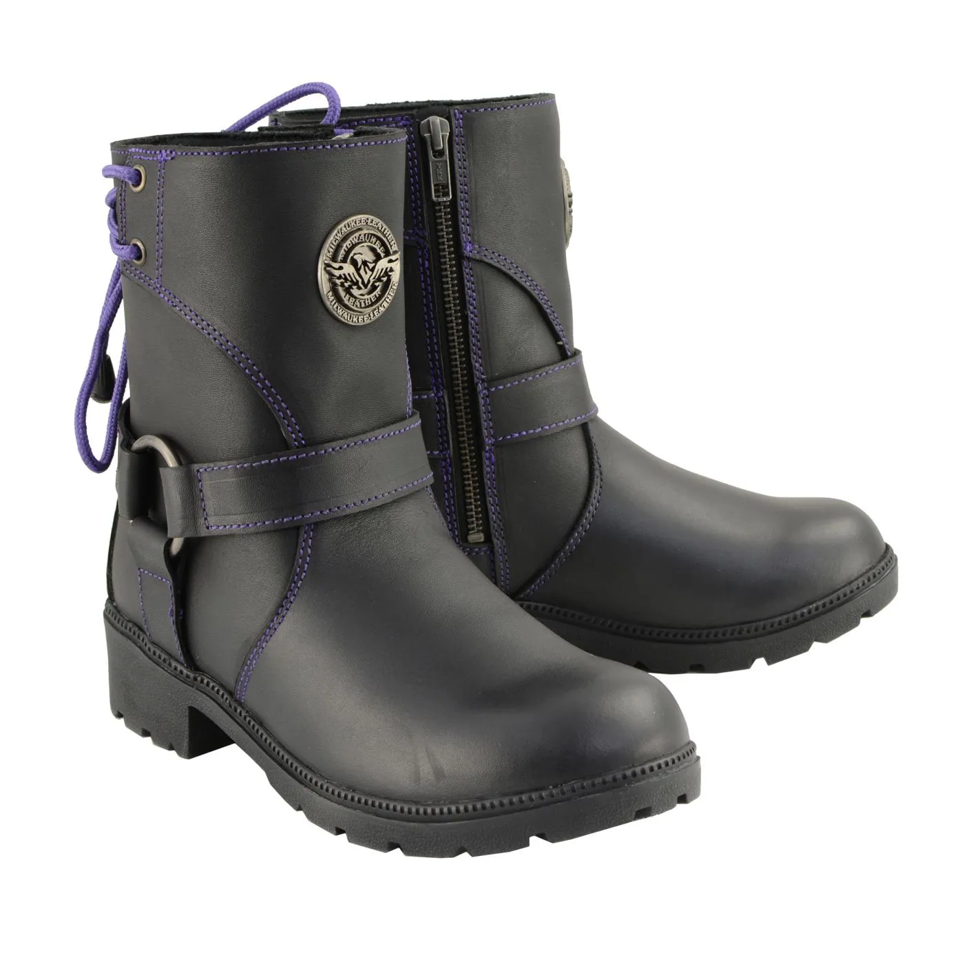 Milwaukee Leather MBL9317 Women's Black Leather Harness Zip-Up Motorcycle Rider Boots w/ Purple Back Laces