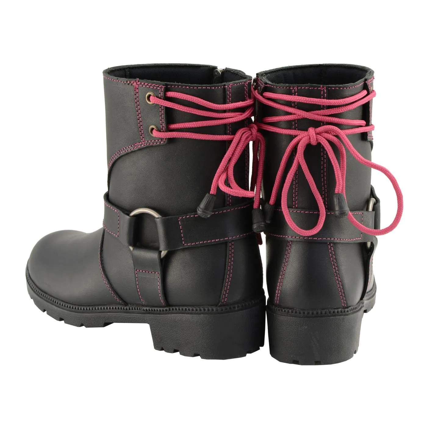 Milwaukee Leather MBL9318 Women's Black Leather Harness Zip-Up Motorcycle Rider Boots w/ Pink Back Laces