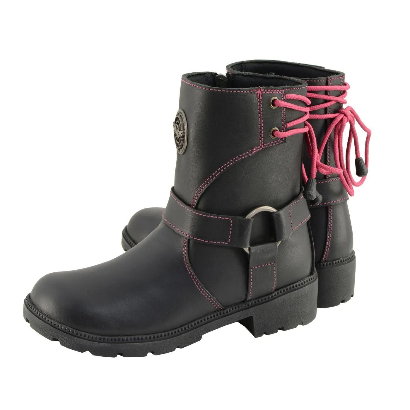 Milwaukee Leather MBL9318 Women's Black Leather Harness Zip-Up Motorcycle Rider Boots w/ Pink Back Laces