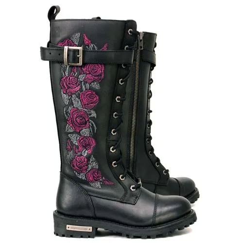 Milwaukee Leather MBL9356 Women's Black 14” Tall Motorcycle Boots Lace-Up High-Rise Pink Embroidered Leather Shoe