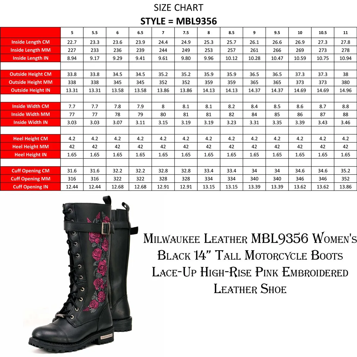 Milwaukee Leather MBL9356 Women's Black 14” Tall Motorcycle Boots Lace-Up High-Rise Pink Embroidered Leather Shoe