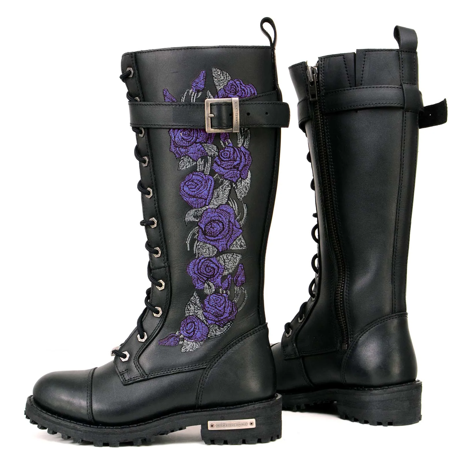 Milwaukee Leather MBL9357 Women's Black 14” Tall Motorcycle Boots Lace-Up High-Rise Purple Embroidered Leather Shoe