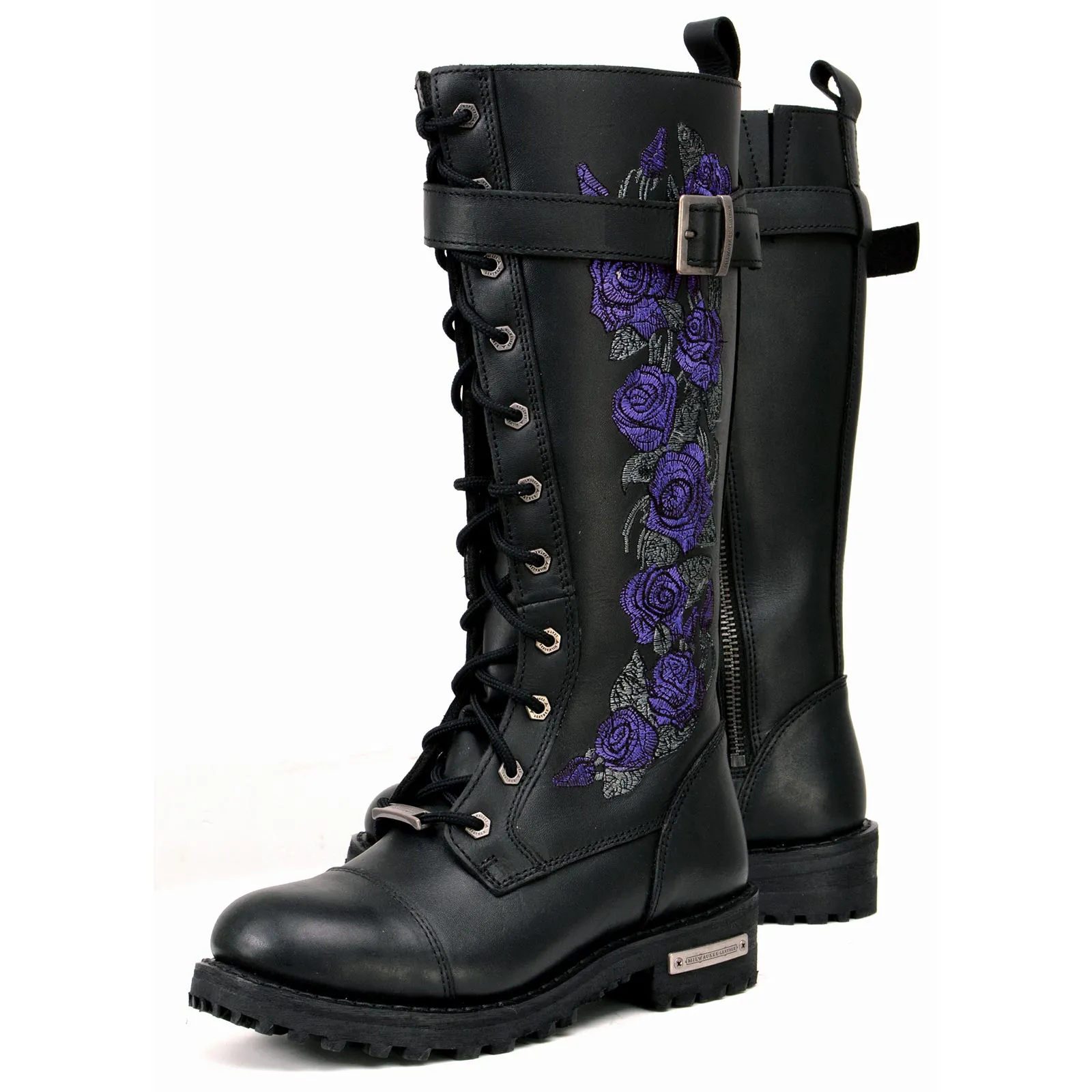 Milwaukee Leather MBL9357 Women's Black 14” Tall Motorcycle Boots Lace-Up High-Rise Purple Embroidered Leather Shoe