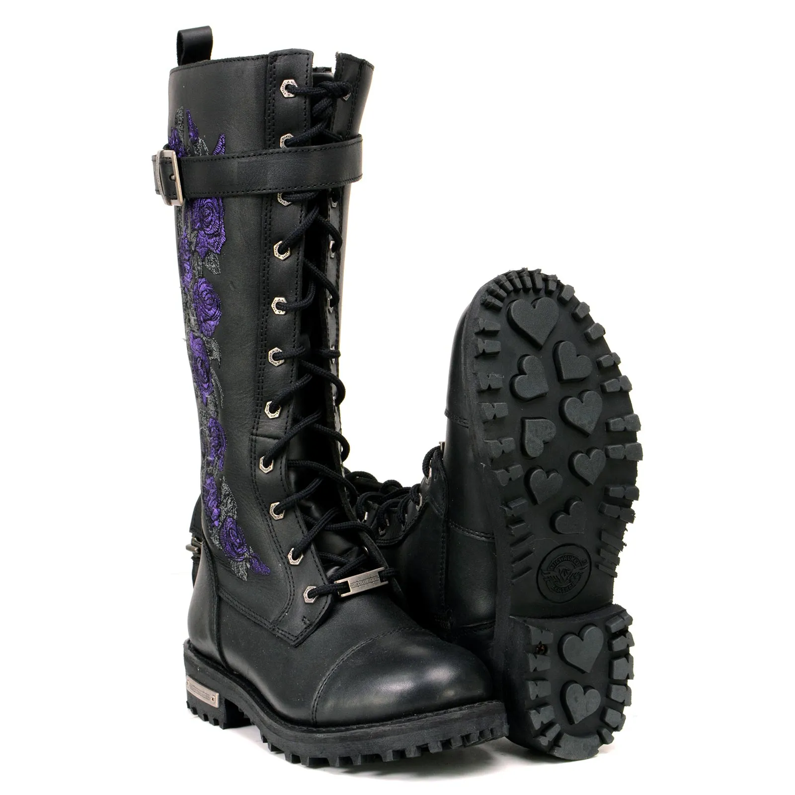 Milwaukee Leather MBL9357 Women's Black 14” Tall Motorcycle Boots Lace-Up High-Rise Purple Embroidered Leather Shoe